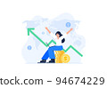 Financial concept. Personal budget, relationship with money, financial growth. A woman earns money due to global economic growth. Vector flat illustrations isolated on the white background. 94674229