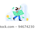 Financial concept. Personal budget, relationship with money, economic growth. A woman earns money from a successful deal or investments. Vector flat illustrations isolated on the white background. 94674230