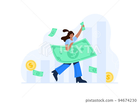 Financial concept. Personal budget, relationship with money, economic growth. A woman earns money from a successful deal or investments. Vector flat illustrations isolated on the white background. 94674230