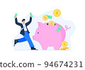 Financial concept. Personal budget, relationship with money, economic growth. A man earns money and multiplies his savings. Vector flat illustration isolated on the white background. 94674231