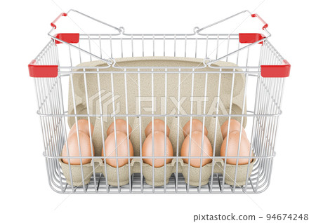 Shopping basket with eggs in an egg carton. 3D rendering Shopping basket with eggs in an egg carton. 3D rendering 94674248