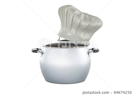 Steel stock pot with Chefs Hat, cooking concept. 3D rendering Steel stock pot with Chefs Hat, cooking concept. 3D rendering 94674250