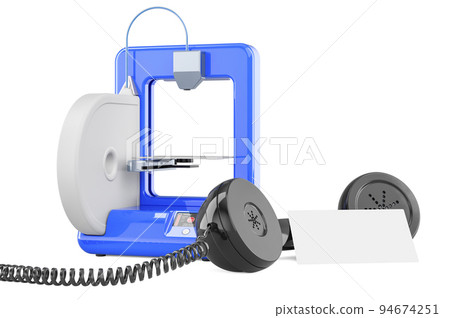 3D printer with blank business card and retro phone receiver. 3D rendering 3D printer with blank business card and retro phone receiver. 3D rendering 94674251