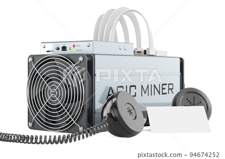 ASIC miner with blank business card and retro phone receiver. 3D rendering ASIC miner with blank business card and retro phone receiver. 3D rendering 94674252
