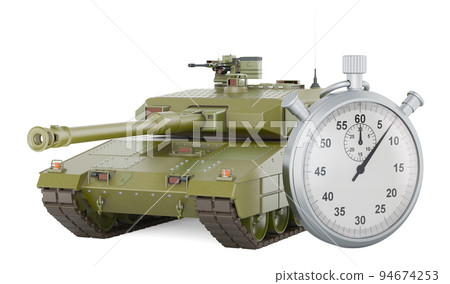 Battle tank with stopwatch. 3D rendering Battle tank with stopwatch. 3D rendering 94674253