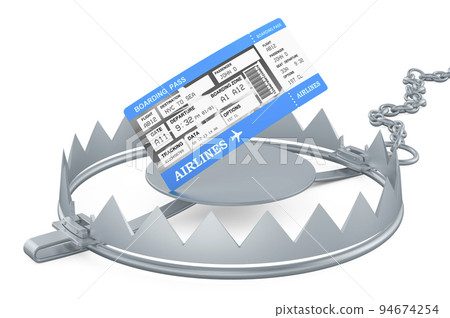Boarding pass ticket inside bear trap, 3D rendering 94674254