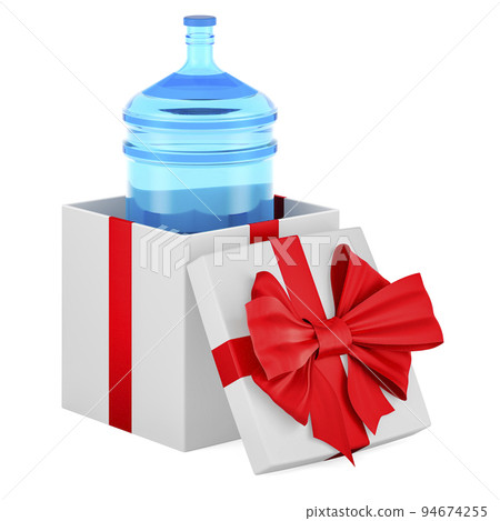 Bottled water inside gift box, present concept. 3D rendering Bottled water inside gift box, present concept. 3D rendering 94674255