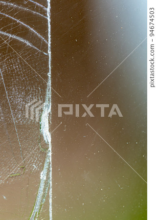 Strip of tape adhesive on a glass surface after being pulled.  Strip of tape adhesive on a glass surface after being pulled.  94674503