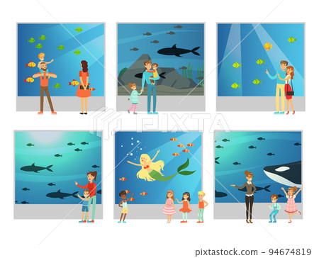 People watching underwater sceneries with sea animals in oceanarium. Underwater fauna with fishes, seaweeds, whale and mermaid cartoon vector illustration 94674819