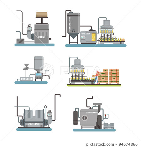 Beer factory production line. Beer production industrial equipment set cartoon vector illustration 94674866