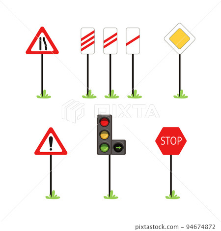 Set of road signs. Traffic light and signs on Stock