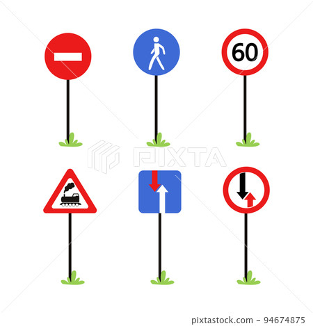 Set of road signs. Direction traffic signs boards on metal posts cartoon vector illustration i 94674875