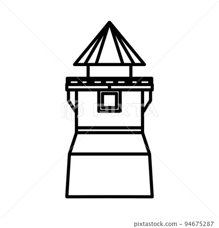Icon vector guard illustration building protection and symbol safety security line. Design outline house isolated white and surveillance guarding pictogram tower. Architecture kingdom simple drawing Icon vector guard illustration building protection and symbol safety security line. Design outline house isolated white and surveillance guarding pictogram tower. Architecture kingdom simple drawing 94675287