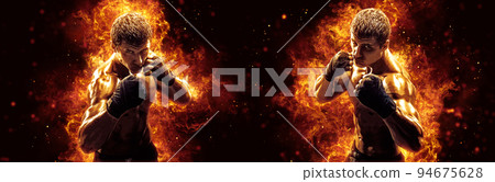 Fighter man punching in fire 94675628