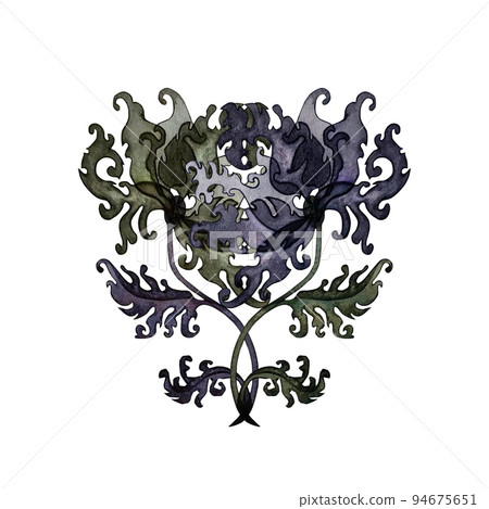 Pair of watercolor dark purple, green, pink, violet magic flowers dancing. For Halloween, wedding, birthday, Valentine's day, postcard, greeting. decoration. Elements isolated on a white background.  94675651