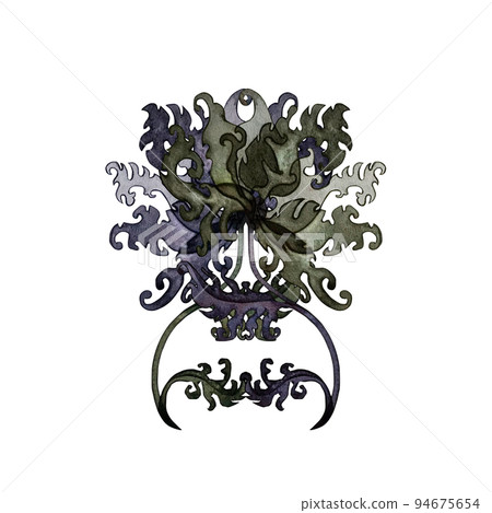 Pair of watercolor dark purple, green, pink, violet magic flowers dancing. For Halloween, wedding, birthday, Valentine's day, postcard, greeting. decoration. Elements isolated on a white background.  94675654