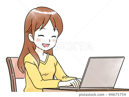 Upper body illustration of a woman smiling looking at a computer screen Upper body illustration of a woman smiling looking at a computer screen 94675754
