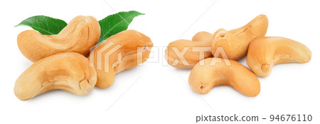 Roasted Cashew nuts with leaf isolated on white background with full depth of field. 94676110