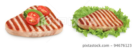 Tuna fish steak grilled isolated on white background with full depth of field Tuna fish steak grilled isolated on white background with full depth of field 94676123