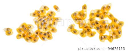 passion fruits seeds isolated on white background. maracuya. Top view. Flat lay passion fruits seeds isolated on white background. maracuya. Top view. Flat lay 94676133