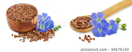 flax seeds in wooden spoon with flower isolated on white background 94676140