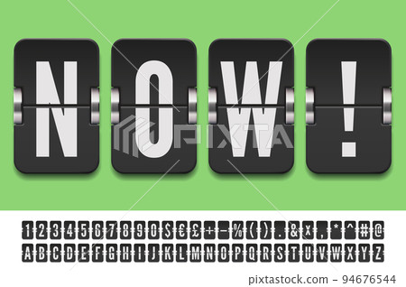 Black Airport mechanical scoreboard alphabet for departure or arrival information. Terminal flip board font for advertise messages vector illustration. 94676544