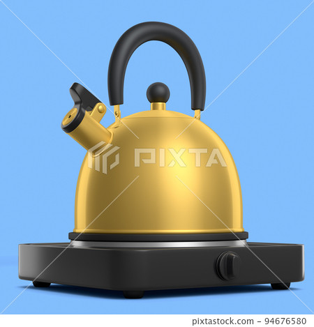 Portable camping electric stove and kettle with whistle on blue background. 94676580