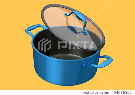 Stainless steel stewpot and chrome plated aluminum cookware on yellow background Stainless steel stewpot and chrome plated aluminum cookware on yellow background 94676592
