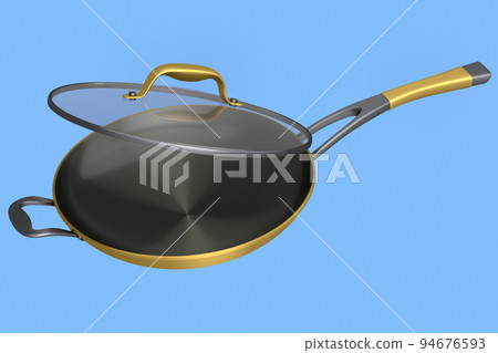 Frying pan with glass lid on blue background, non-stick kitchen utensils Frying pan with glass lid on blue background, non-stick kitchen utensils 94676593