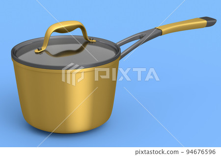 Stainless steel stewpot and chrome plated aluminum cookware on blue background 94676596