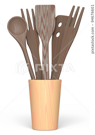 Wooden kitchen utensils, tools and equipment in holder on white background. 94676601