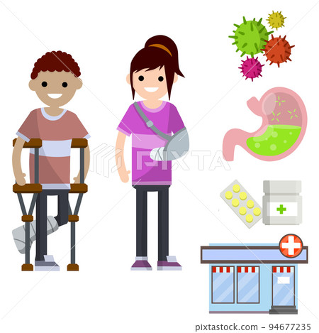 Man and woman with broken arm and leg. 94677235