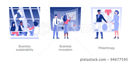 Corporate goals and values isolated concept vector illustration set. Business sustainability, project innovation, philanthropy initiative, business etiquette and responsibility vector cartoon. 94677595