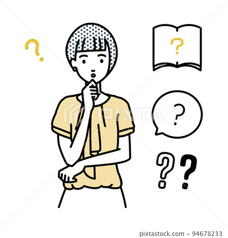 一組辦公室休閒女性問號站著,雙手放在下巴上感到懷疑 一組辦公室休閒女性問號站著,雙手放在下巴上感到懷疑 94678233