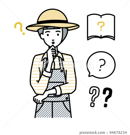 一個農婦站著,雙手放在下巴上,感到懷疑 一個農婦站著,雙手放在下巴上,感到懷疑 94678234