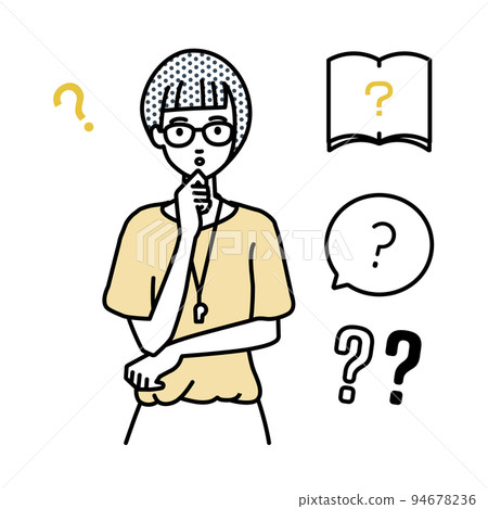 A set of teacher women question marks standing and feeling doubts with their hands on their chins A set of teacher women question marks standing and feeling doubts with their hands on their chins 94678236