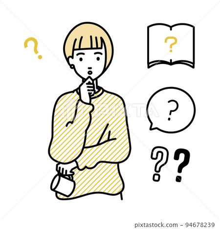 A set of remote work women question marks standing and feeling doubts with their hands on their chins A set of remote work women question marks standing and feeling doubts with their hands on their chins 94678239