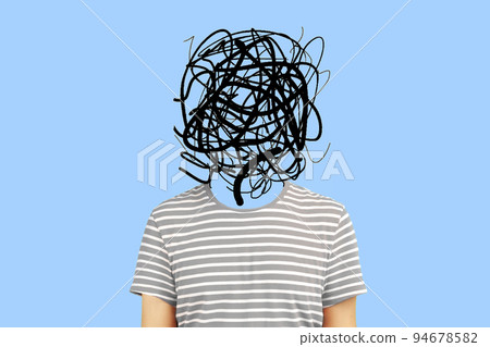 Frustrated man with nervous problem feel anxiety and confusion of thoughts. Mental disorder and chaos in consciousness. Indoor studio shot isolated on blue background 94678582