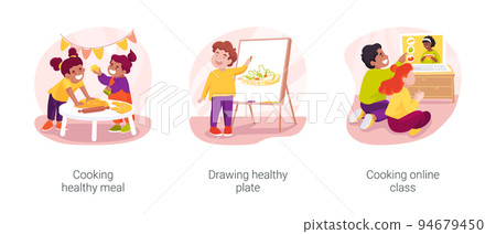Gradeschoolers eating habits isolated cartoon vector illustration set Gradeschoolers eating habits isolated cartoon vector illustration set 94679450