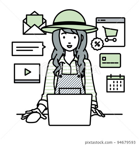 一位農婦坐在辦公桌前，在 PC 上做網上商店或營銷工作 94679593