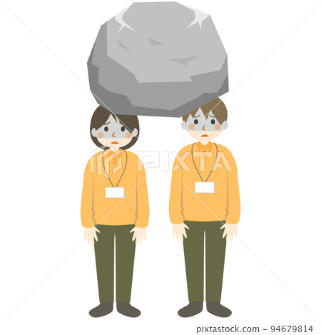 福利人員,頭頂上的石頭,困擾的表情 福利人員,頭頂上的石頭,困擾的表情 94679814