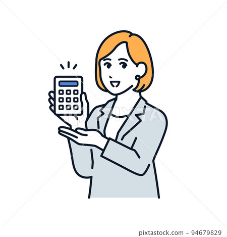 一個穿著西裝的女人在計算器上顯示估計數量的矢量圖解材料 一個穿著西裝的女人在計算器上顯示估計數量的矢量圖解材料 94679829