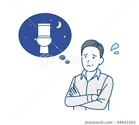 Middle-aged man troubled by frequent urination, polyuria, urge to urinate, tray, symptoms, illustration 94681883