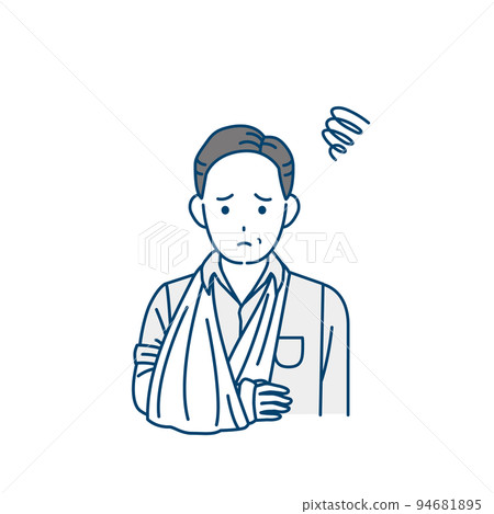 A middle-aged man with a broken arm, an injury, a cast, illustration 94681895