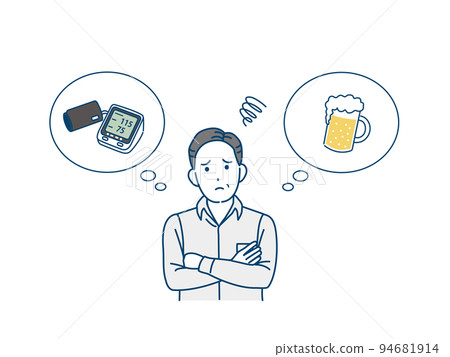 Worried about high blood pressure middle-aged man blood pressure drinking beer illustration Worried about high blood pressure middle-aged man blood pressure drinking beer illustration 94681914