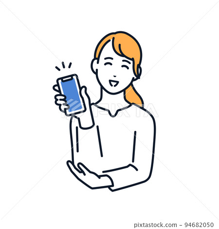 Vector illustration material of a young woman showing a smartphone screen with a smile Vector illustration material of a young woman showing a smartphone screen with a smile 94682050