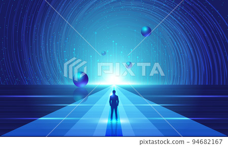 Businessman facing cosmic swirl planet starry sky future technology concept illustration Businessman facing cosmic swirl planet starry sky future technology concept illustration 94682167