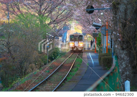 岡山縣津山市染井吉野櫻印美線1號線三浦站開往津山的普通列車 94682300