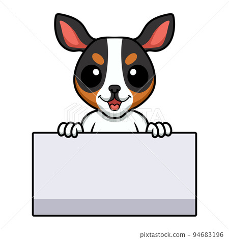 Cute rat terrier dog cartoon holding blank sign Cute rat terrier dog cartoon holding blank sign 94683196