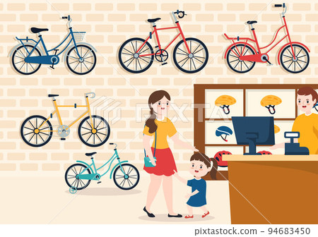 Bike Shop with Shoppers People Choosing Cycles, Accessories or Gear Equipment for Riding in Template Hand Drawn Cartoon Flat Illustration Bike Shop with Shoppers People Choosing Cycles, Accessories or Gear Equipment for Riding in Template Hand Drawn Cartoon Flat Illustration 94683450